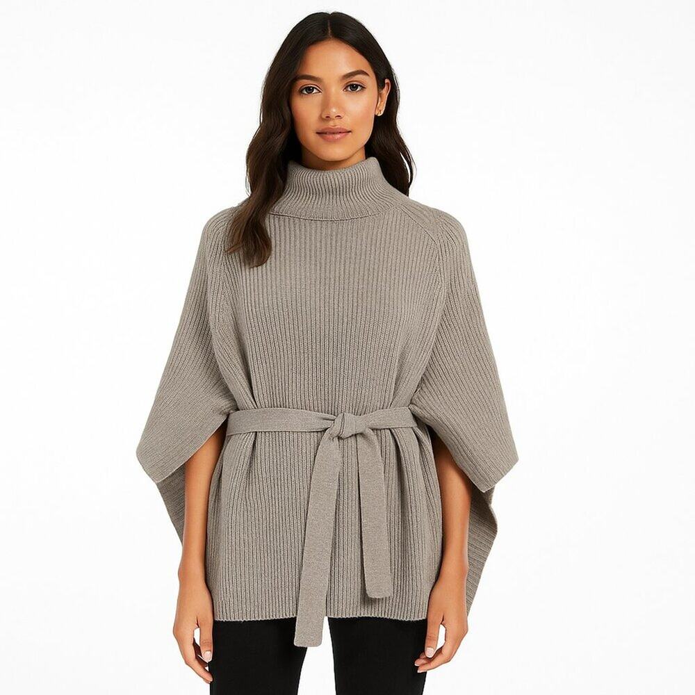 MaxMara Leisure Fulmine Belted Ribbed Wool Poncho Sweater Grey